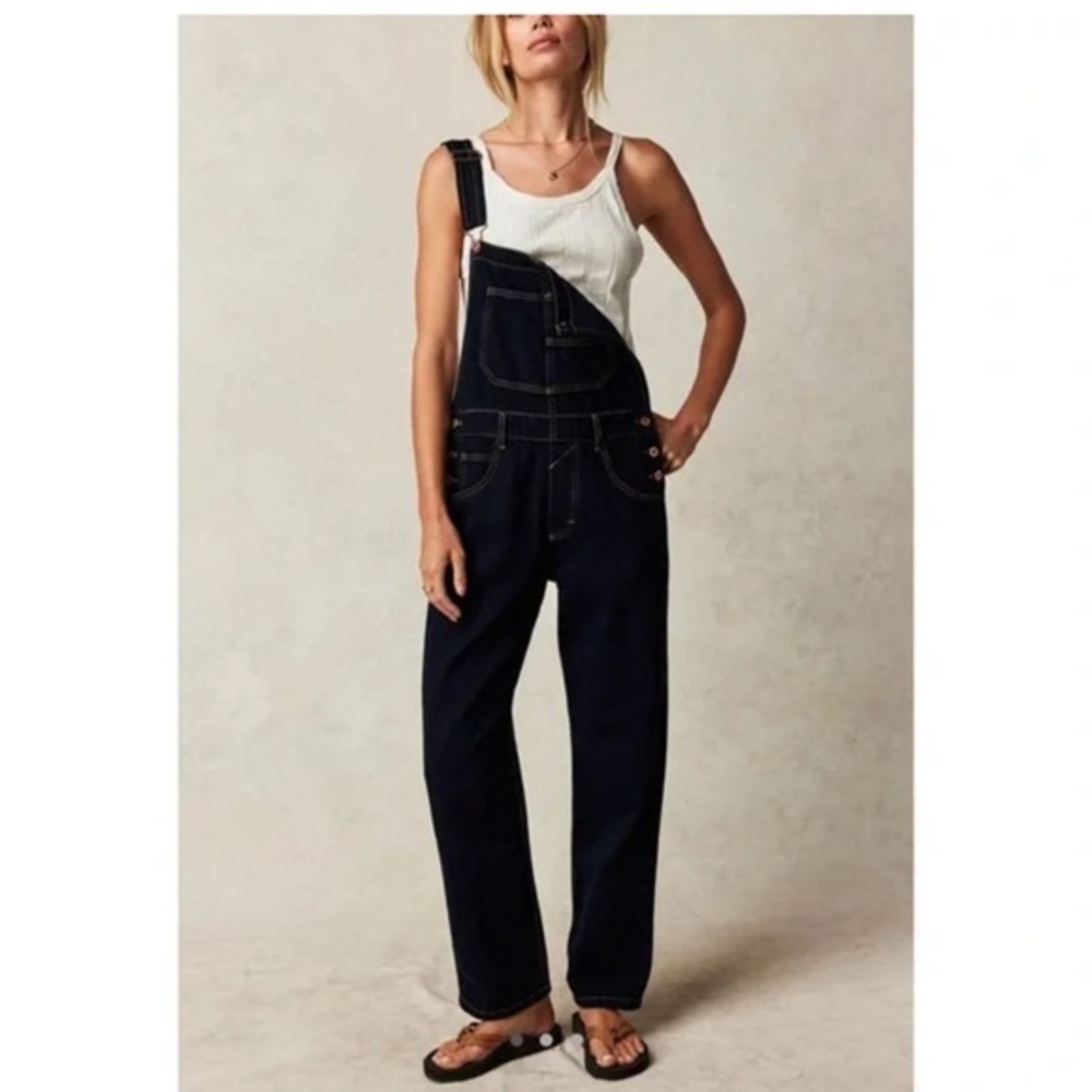 We The Free Black Denim Overalls with Pink Button Accents - Picture 1 of 12
